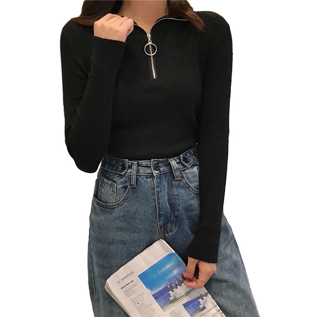 SYK - Buzo Cuello Tortuga  Con Cremallera Para Mujer Negro