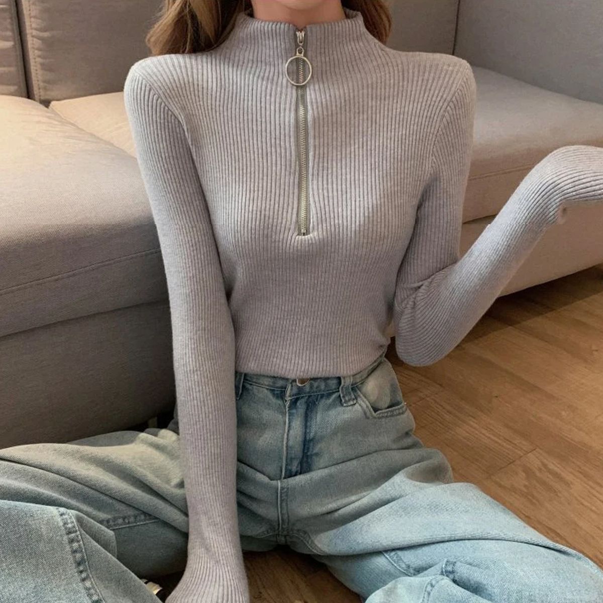 SYK - Buzo Cuello Tortuga  Con Cremallera Para Mujer Gris