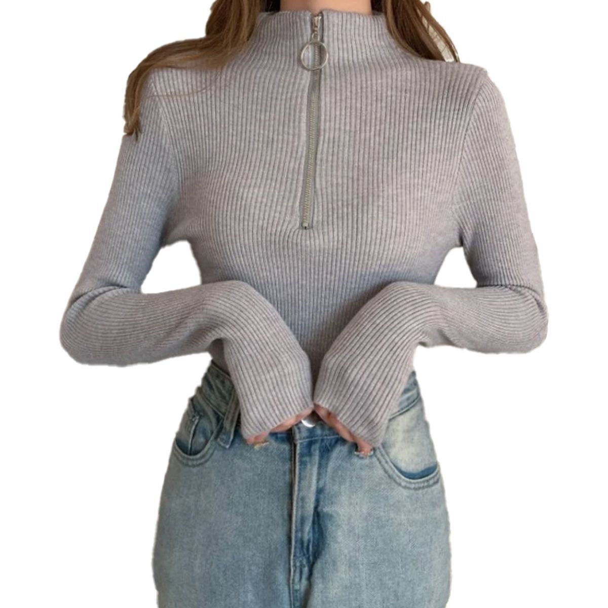 SYK - Buzo Cuello Tortuga  Con Cremallera Para Mujer Gris