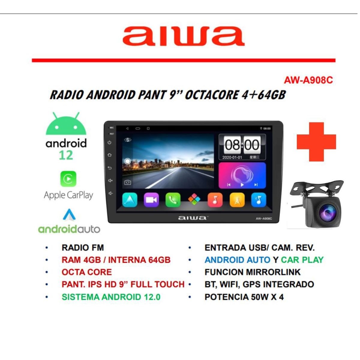 AIWA - Radio Carro Android Octacore 4 GB x 64 GB Pantalla 9 GPS Aiwa + Camara