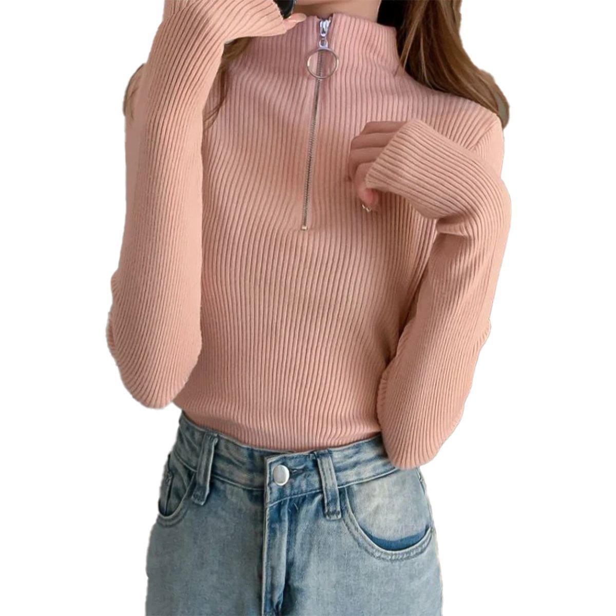 SYK - Buzo Cuello Tortuga  Con Cremallera Para Mujer Rosado