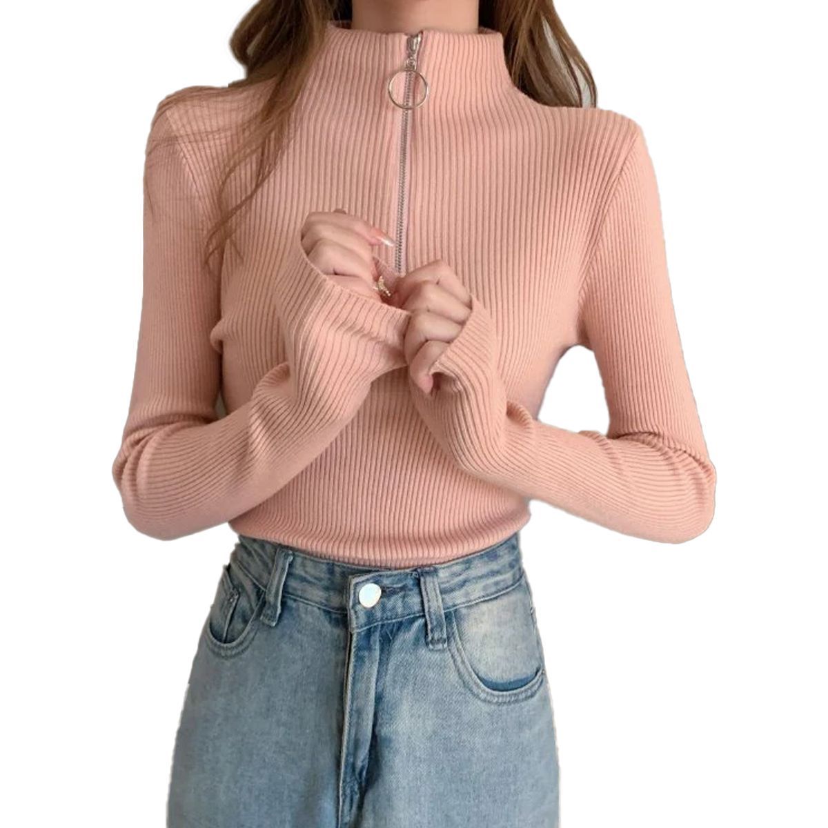 SYK - Buzo Cuello Tortuga  Con Cremallera Para Mujer Rosado