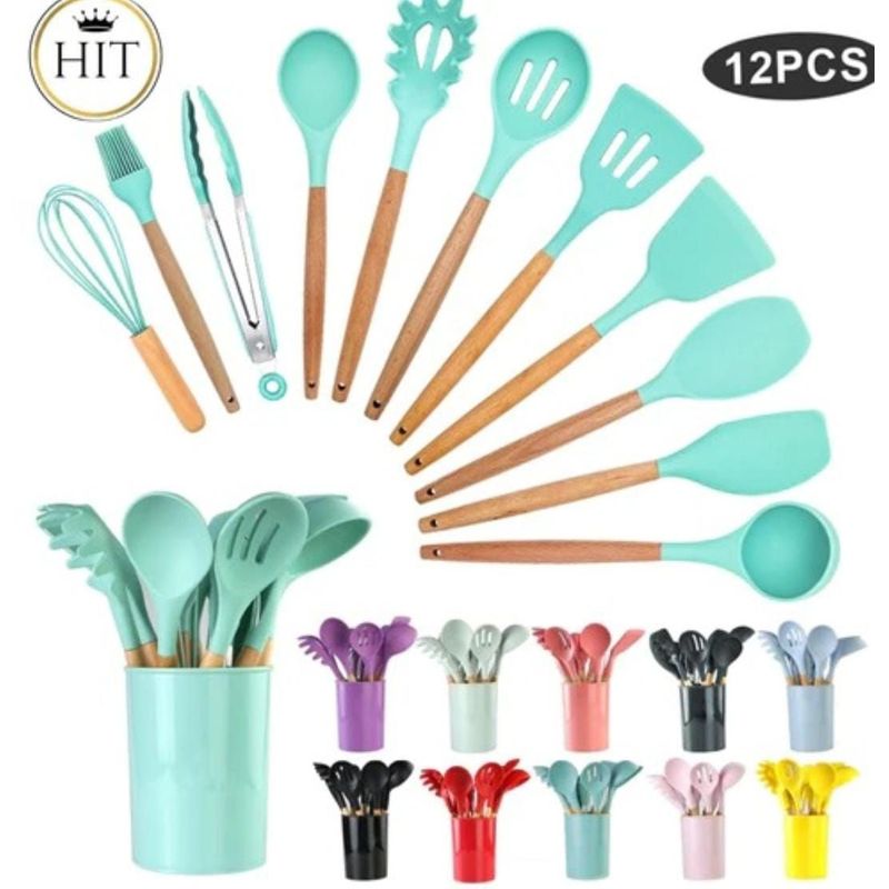 GENERICO - Set 12 Utensilios De Cocina Silicona Resistente Calor