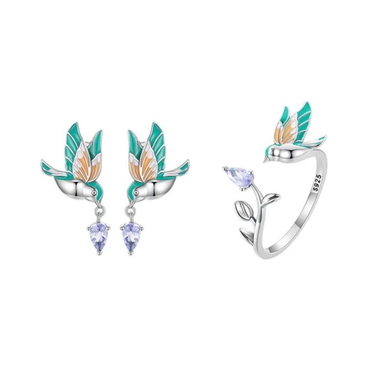 ALHAJAS - Juego Anillo Ajustable Y Aretes Mujer Colibrí En Plata 925