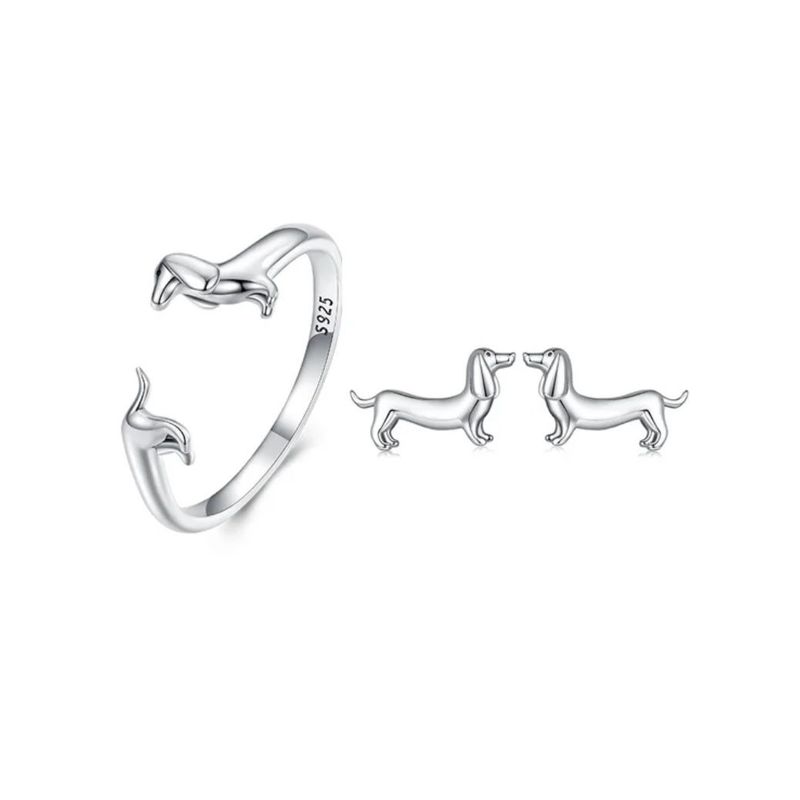 ALHAJAS - Juego Anillo Ajustable Y Aretes Mujer Perro Salchicha En Plata 925