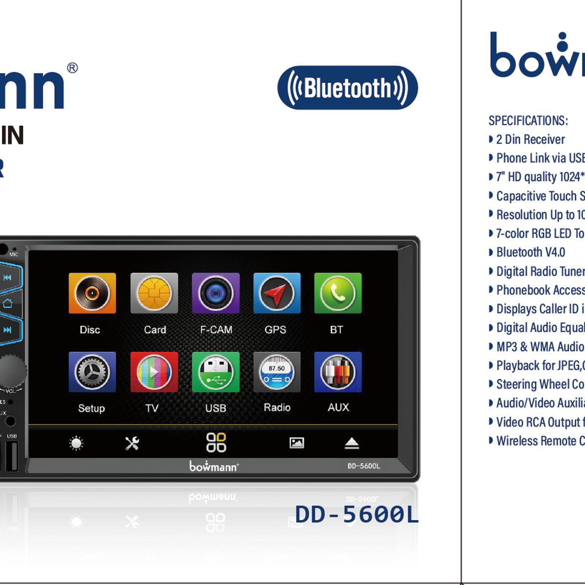 BOWMANN - Radio Carro Pantalla Tactil 7 Mirrorlink USB SD Bowmann DD-5600L