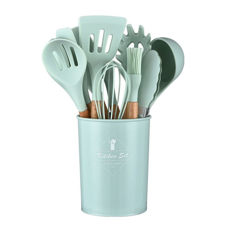 GENERICO - Set 12 Utensilios De Cocina Silicona Resistente Calor Juego verde
