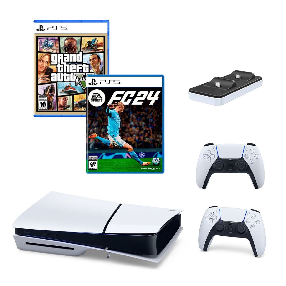 SONY - Consola Playstation 5 1TB Slim  PS5+2Controles+Fc24+GtaV+CargadorDobe
