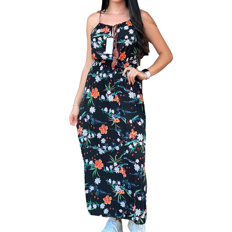 VIA7 - Vestido largo negro fresco de flores y manga siza mujer_.
