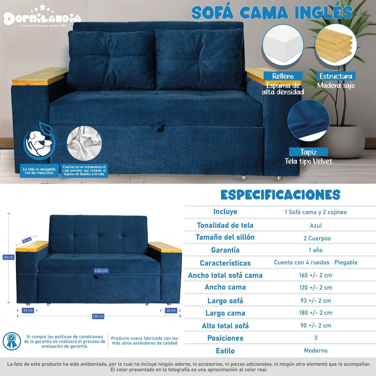 DORMILANDIA - Sofá Cama Azul Navy Inglés 3 Posiciones + 2 Cojines