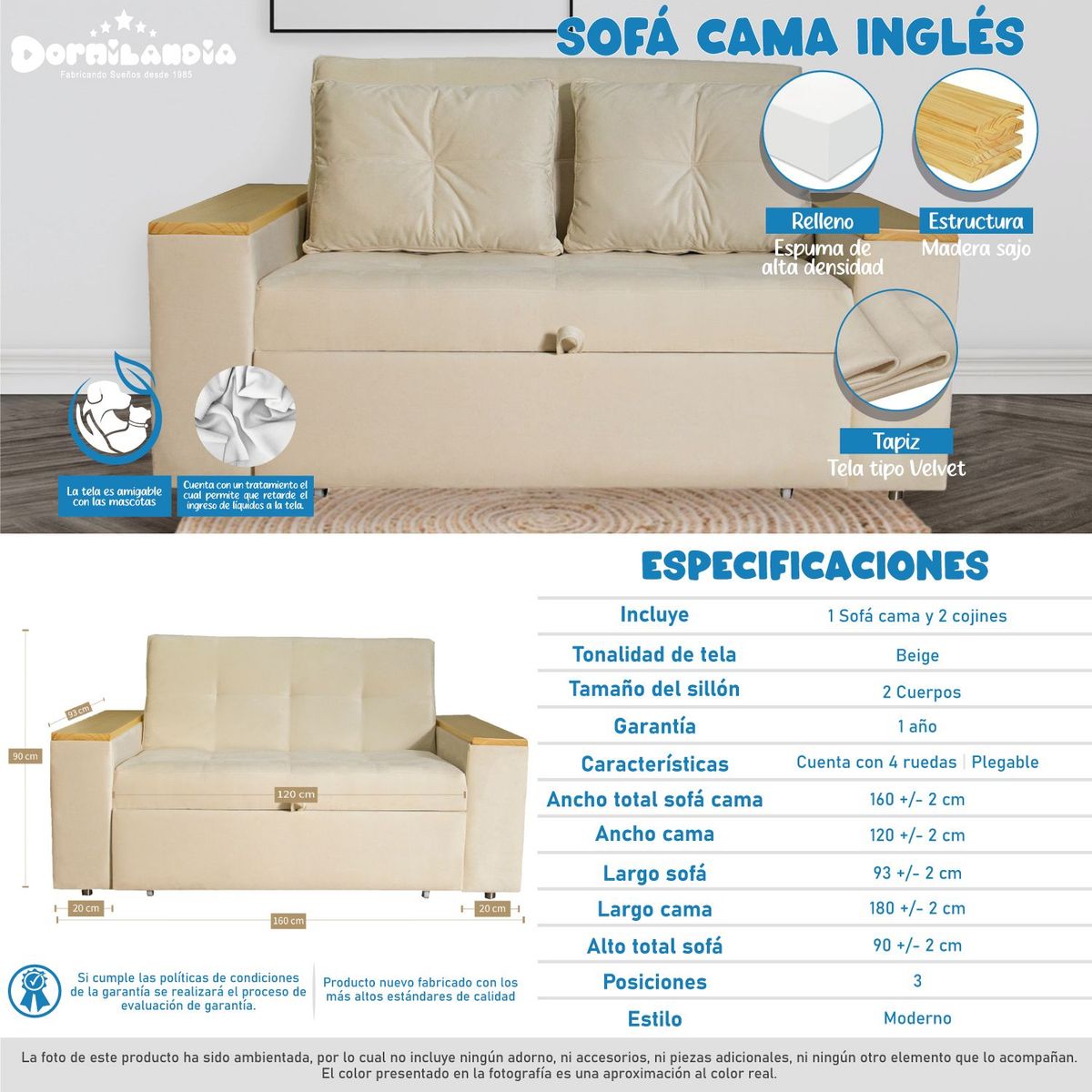 DORMILANDIA - Sofá Cama Beige Inglés 3 Posiciones + 2 Cojines