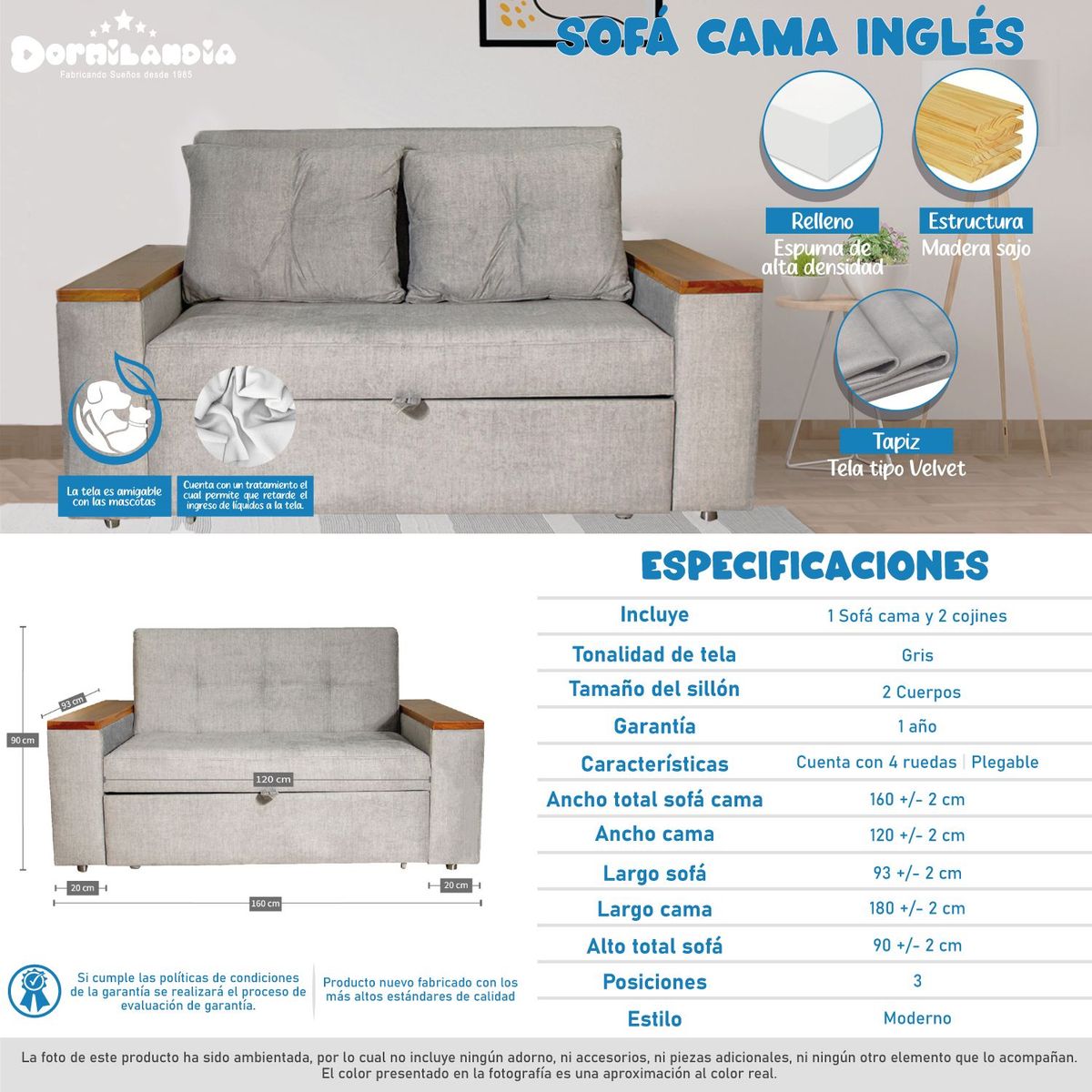 DORMILANDIA - Sofá Cama Gris Inglés 3 Posiciones + 2 Cojines