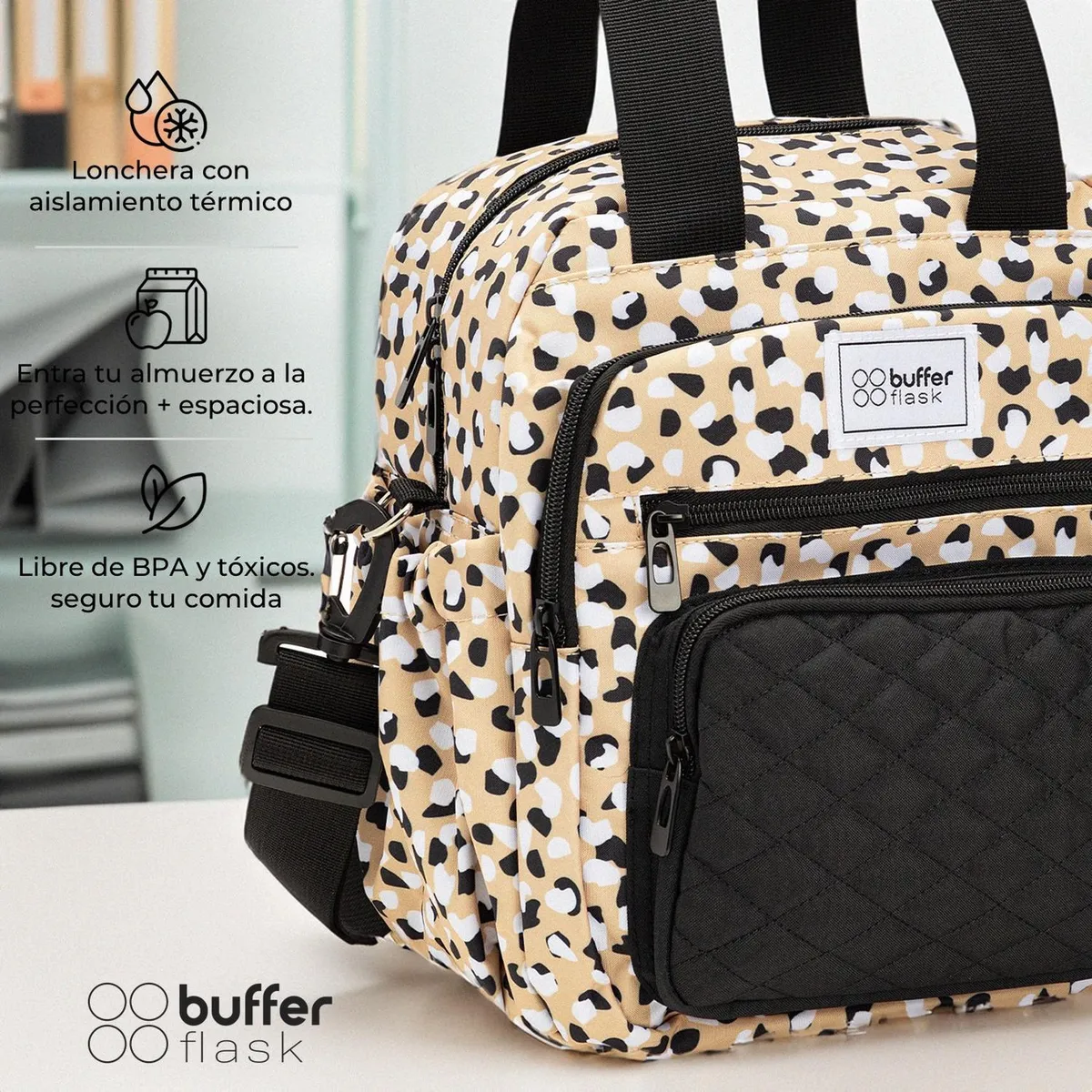 BUFFER FLASK - Lonchera Morral Termica Buffer Multiples Compartimientos - Beige