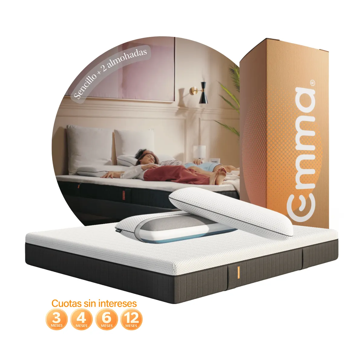 EMMA - Colchón Premium Sencillo + 2 Almohadas con Control de Temperatura.