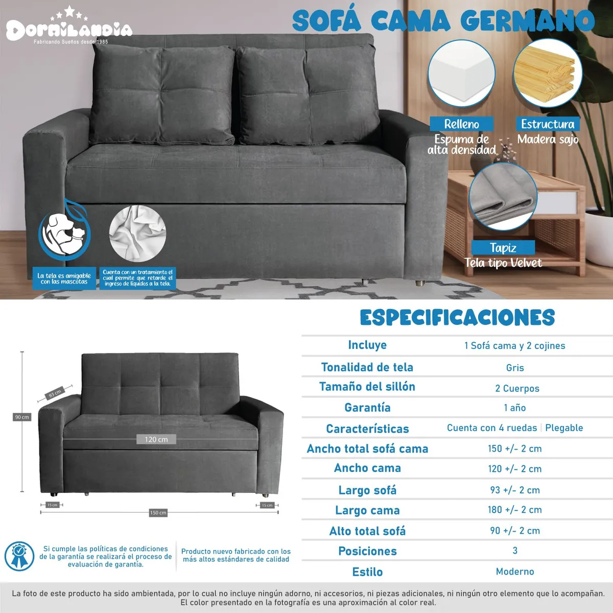 DORMILANDIA - Sofá Cama Gris Germano 3 Posiciones + 2 Cojines