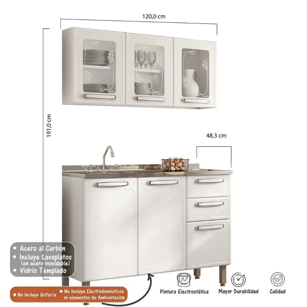 BERTOLINI - Cocina Integral de 1.20 m  Acero al carbono Incluye Lavaplatos