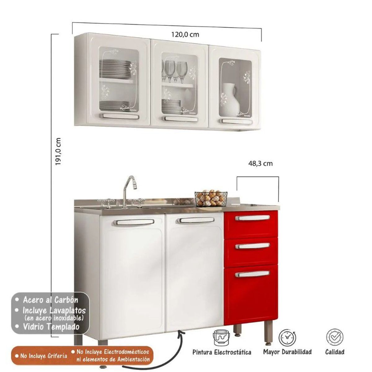 BERTOLINI - Cocina Integral de 1.20 m  Acero al carbono Incluye Lavaplatos