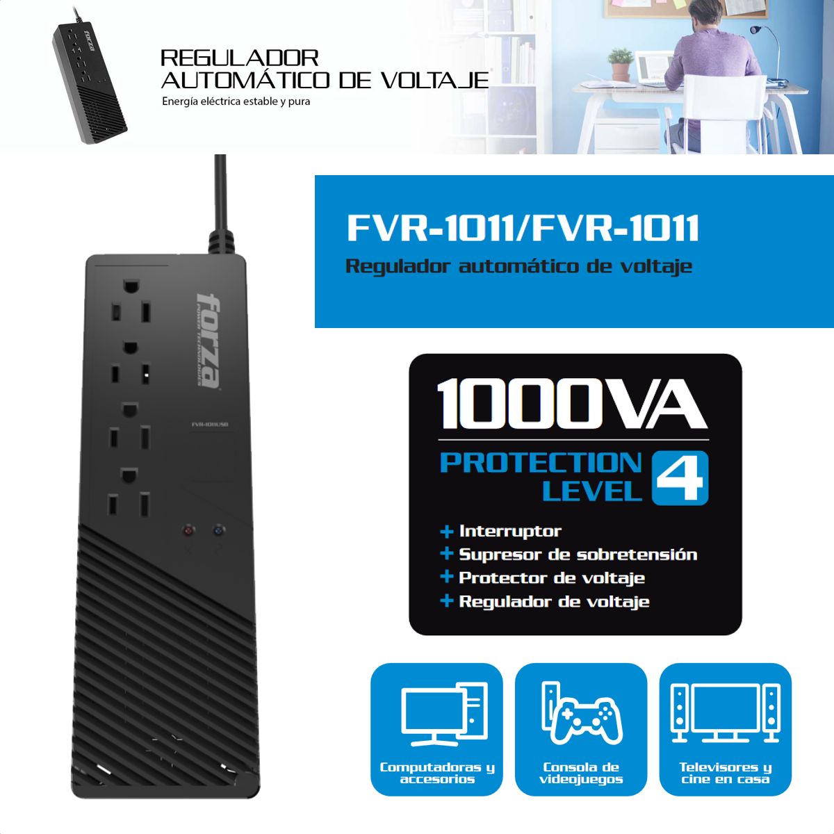 FORZA - Regulador Voltaje Automático Forza FVR-1011 1000VA/500W con 4 Tomas