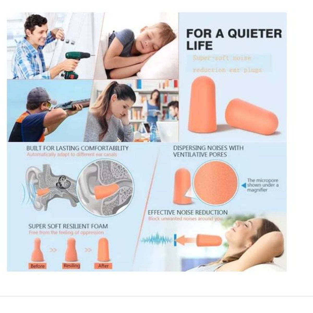 3M - 6 Pares Protectores Auditivos 3m Tapa Oidos 32db Dormir Leer