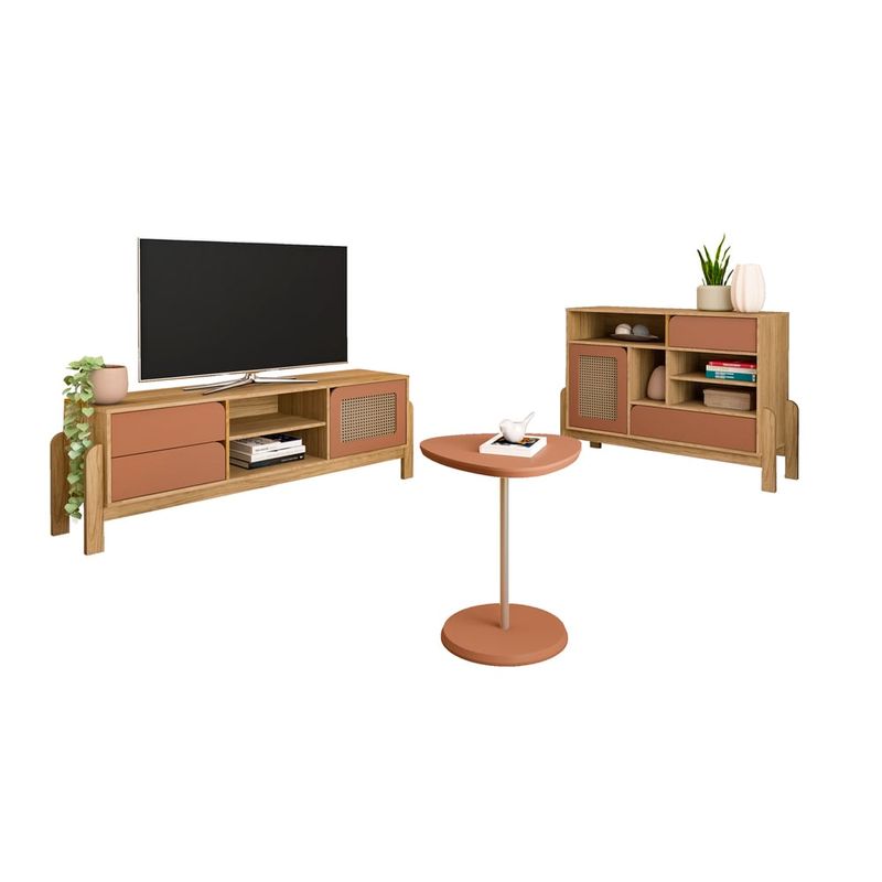 BERTOLINI - Combo mueble TV 65 incluye bife y mesa auxiliar en MDP Roble con Rosa