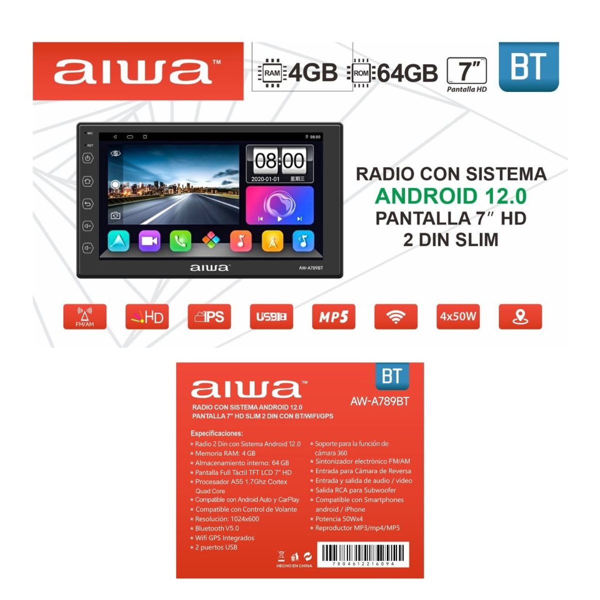 AIWA - Radio Carro AIWA 4Gb + 64Gb  Android 12 Pantalla 7' Tactil AW-A789BT