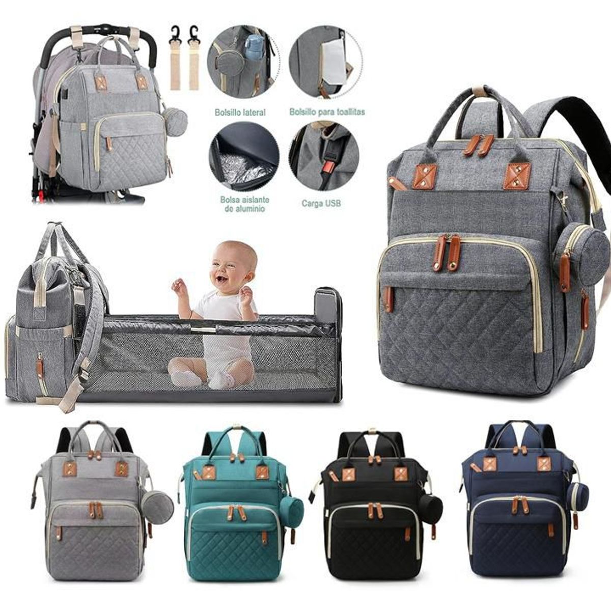 GENERICO - Pañalera Multifuncional Para Bebés Cuna Impermeable - Gris