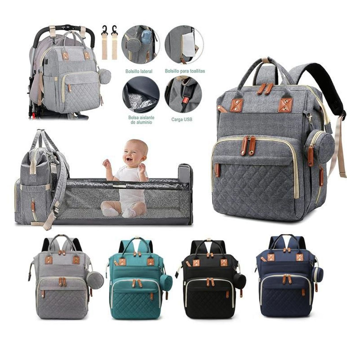 GENERICO - Pañalera Multifuncional Para Bebés Cuna Impermeable - Gris