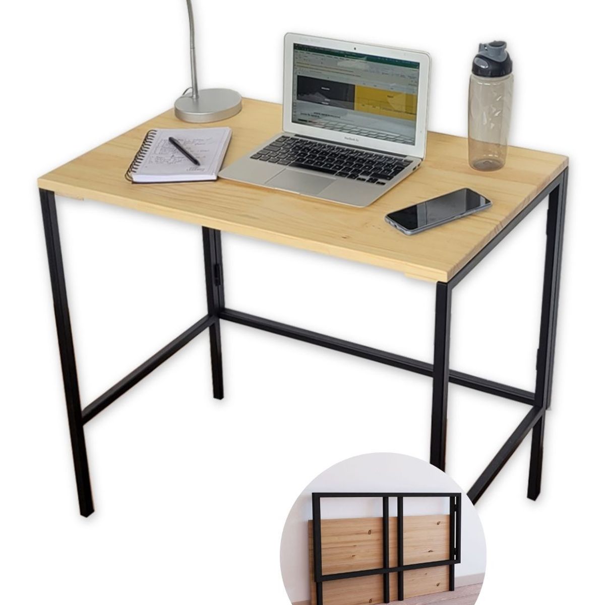 ALIK DISEÑO - Escritorio Auxiliar Plegable Estilo Industrial Pino y Metal 80cm