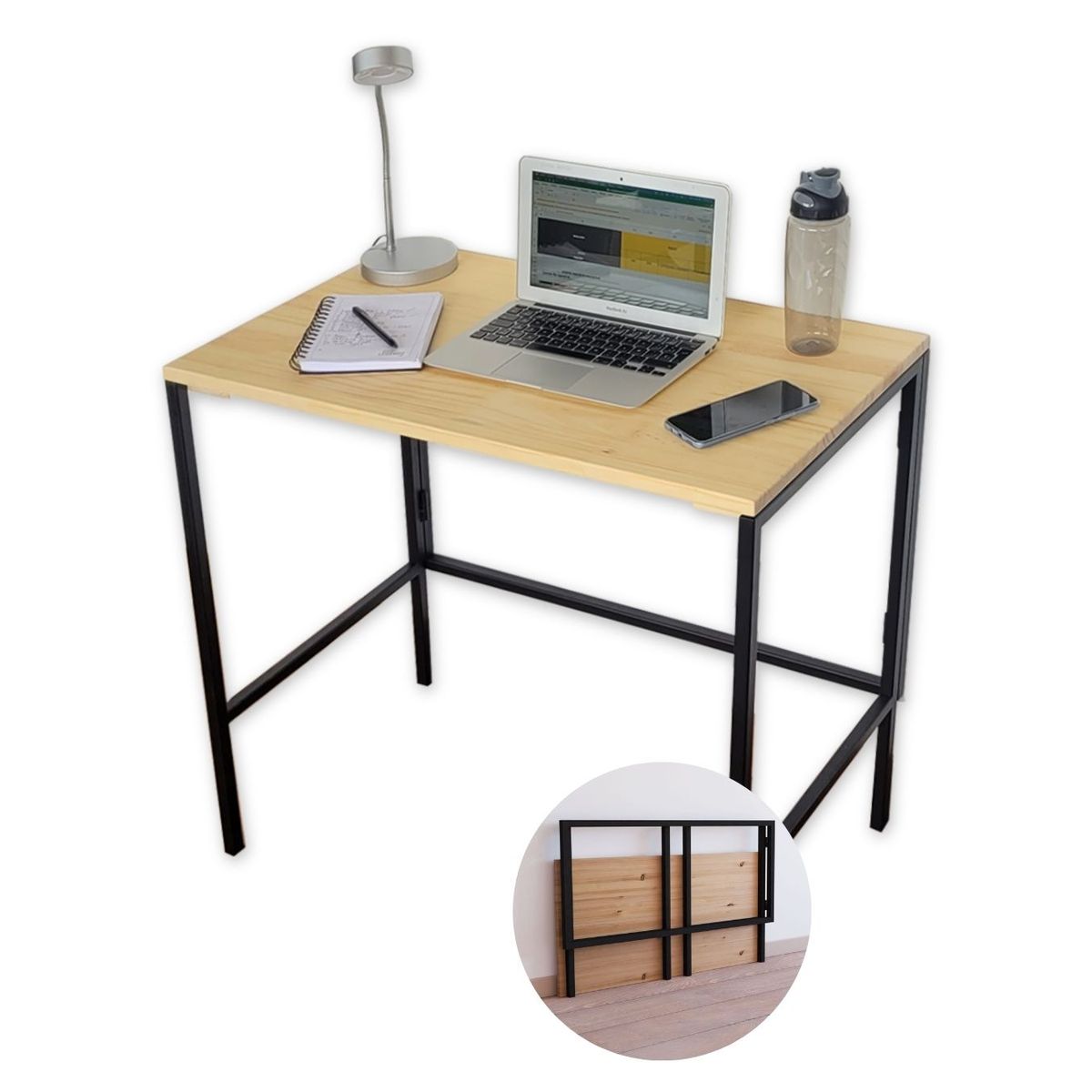 ALIK DISEÑO - Escritorio Auxiliar Plegable Estilo Industrial Pino y Metal 80cm