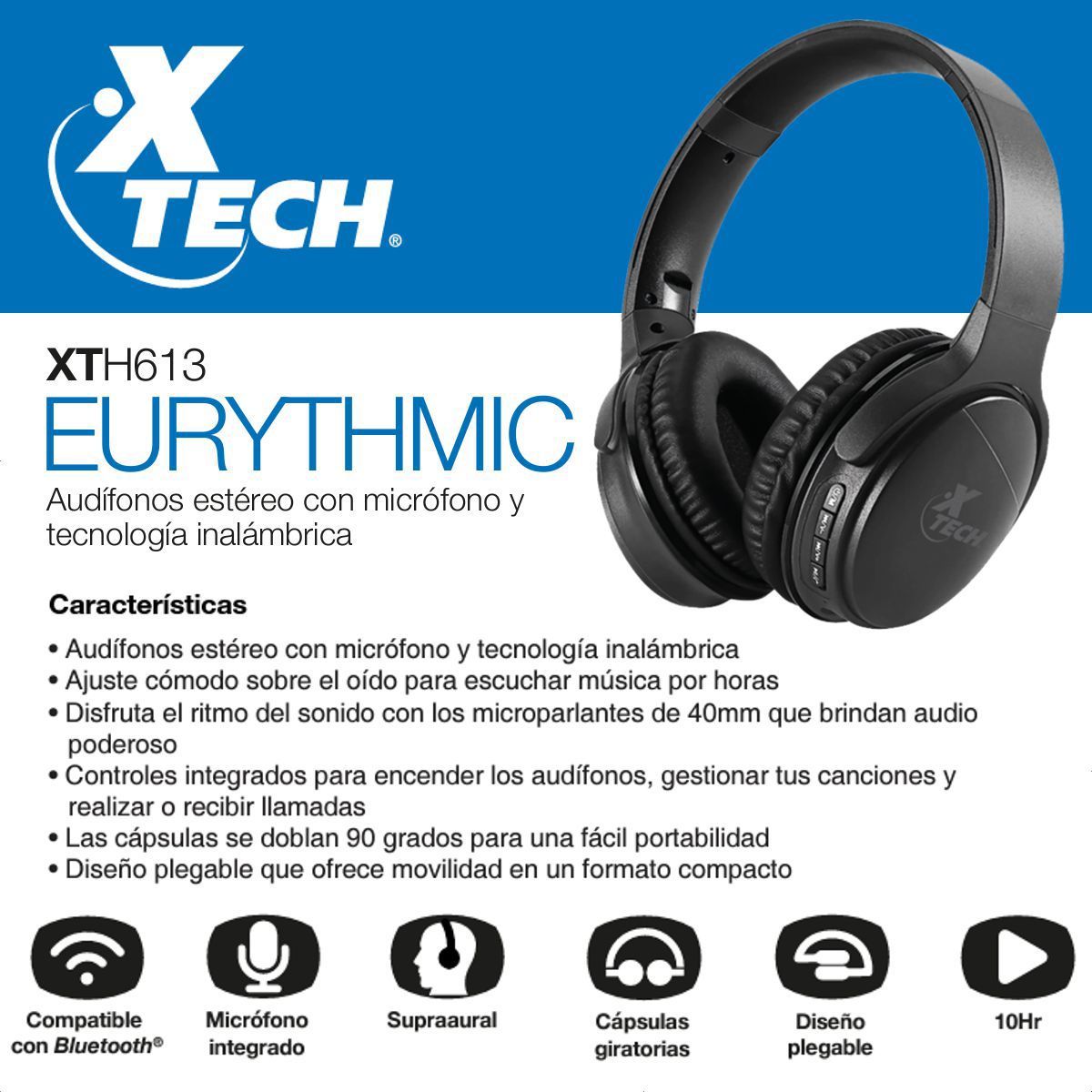 XTECH - Audífonos Bluetooth 5.0 Xtech XTH-613, Micrófono / Micro SD