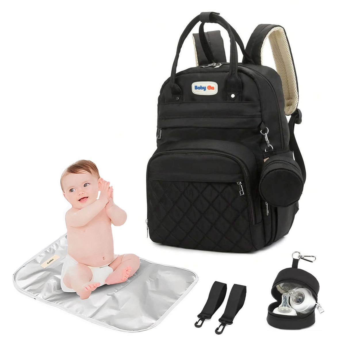 BABY ON - Pañalera De Lujo Con Monedero Y Cambiador Para Bebe Negro