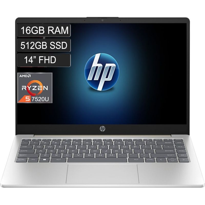 HP - Portátil HP Laptop 14-EM0009LA Ryzen 5 7520U 16GB 512GB FHD