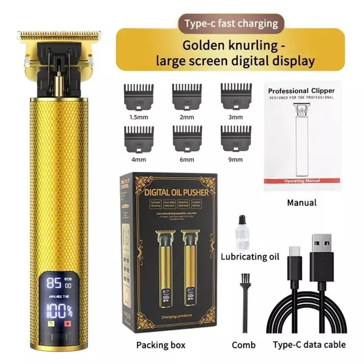 MAGNUX COMPANY - Cortadora De Pelo Dorada 100v240v Recargable X6 Guias Lcd