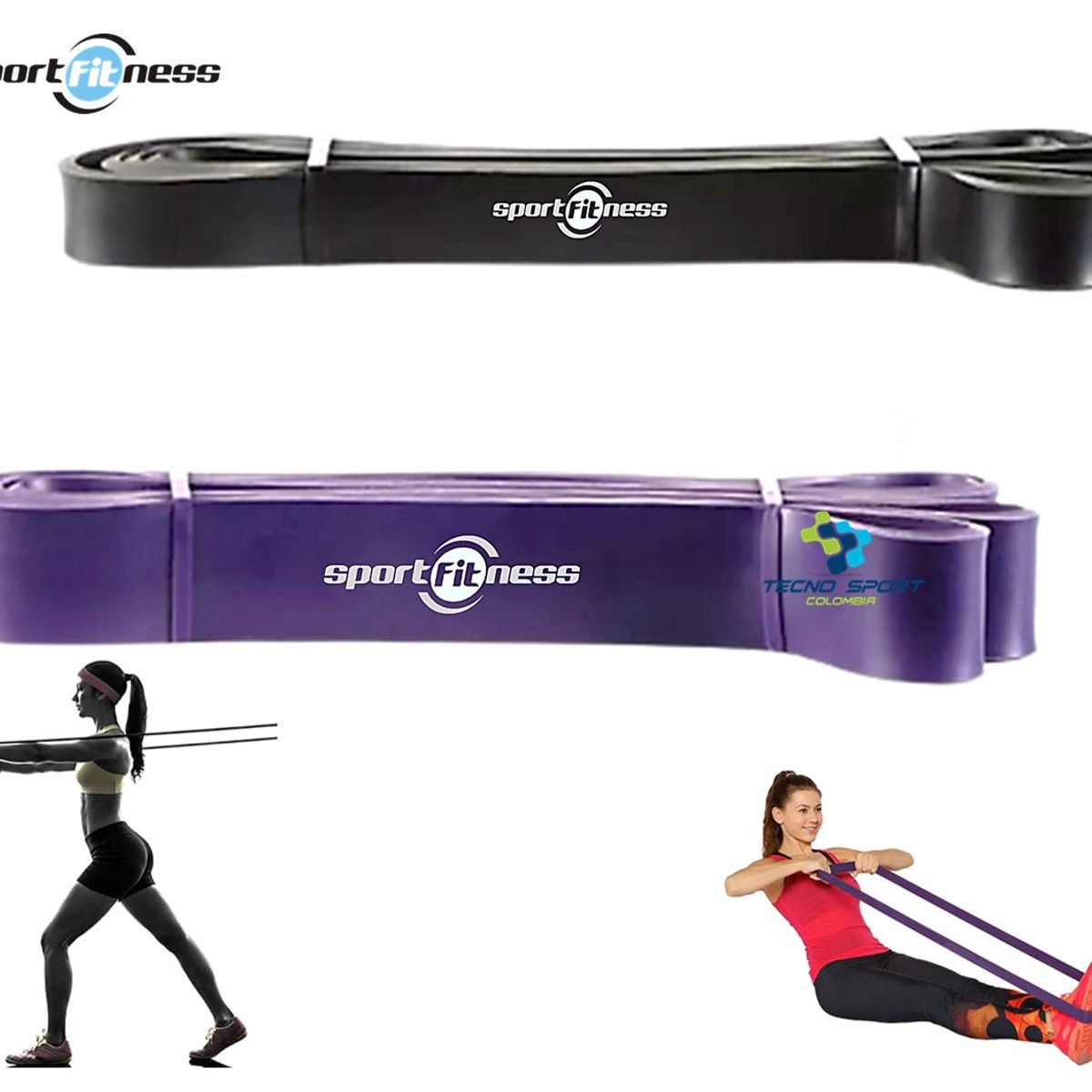 SPORT FITNESS - Banda Poder Elástica Sport Fitness Kit Negro Morada Gym
