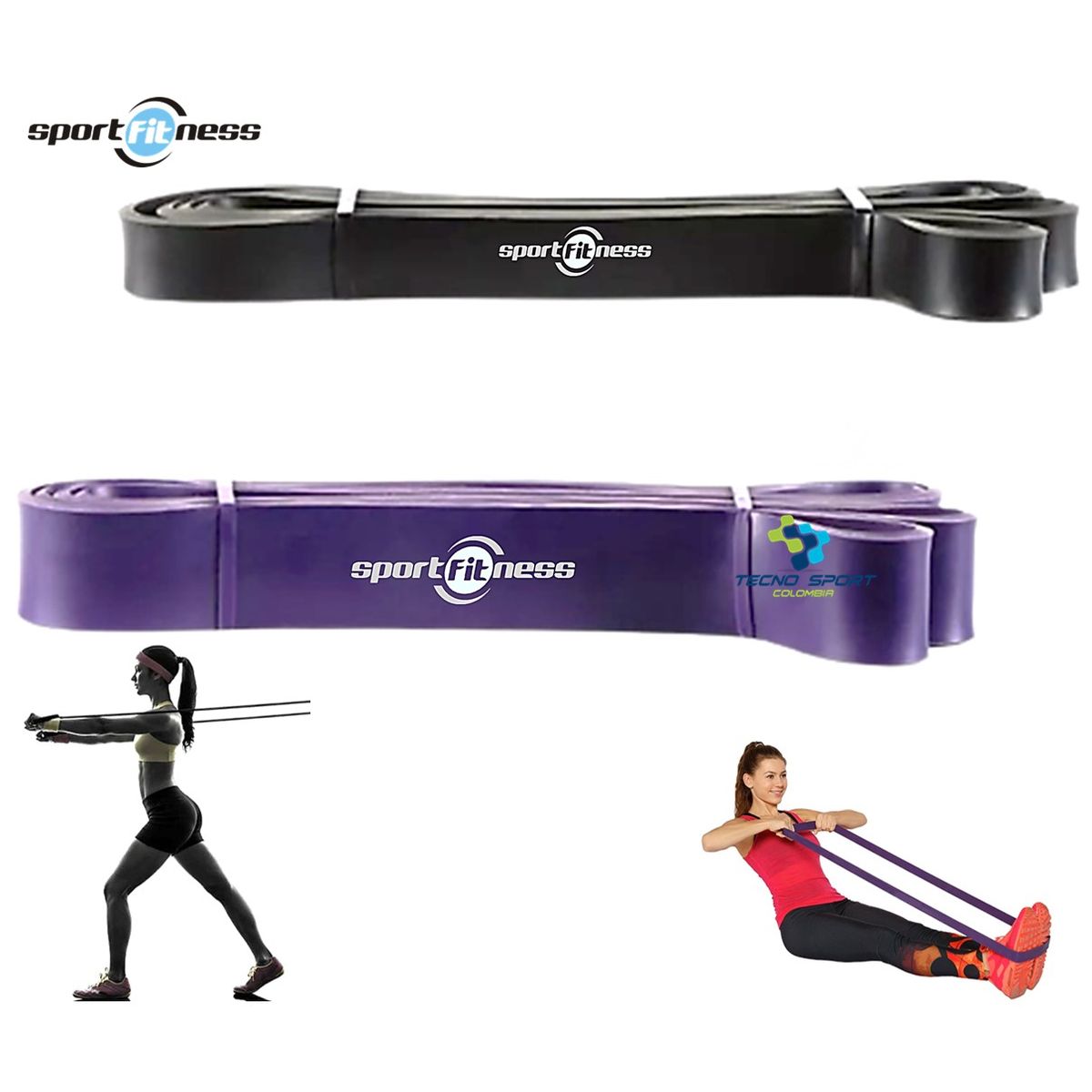 SPORT FITNESS - Banda Poder Elástica Sport Fitness Kit Negro Morada Gym