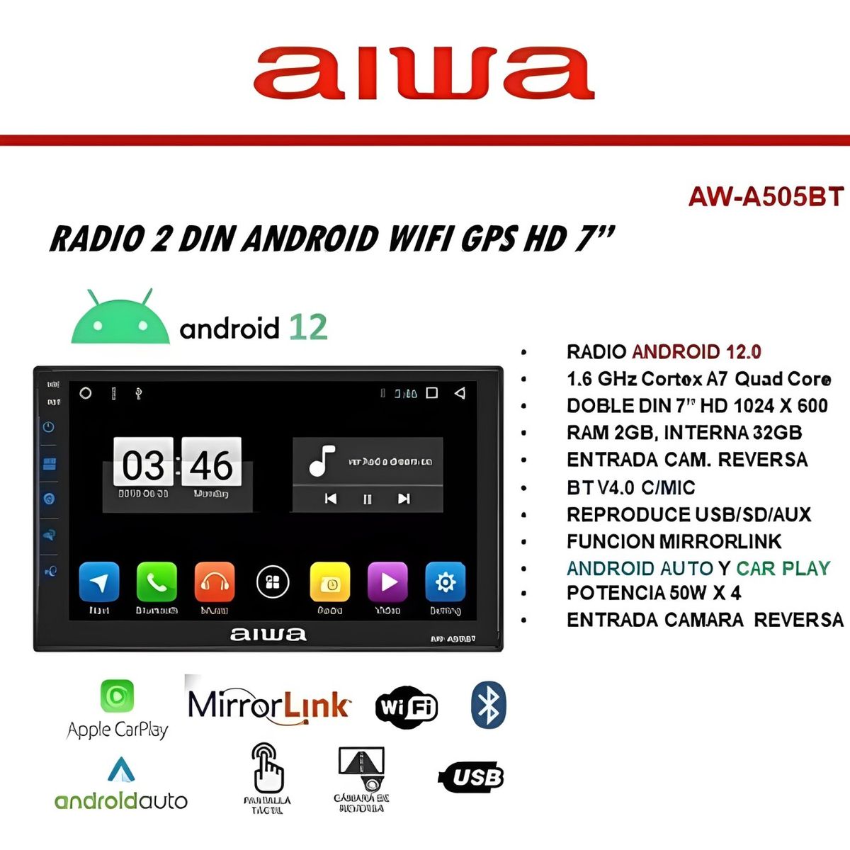 AIWA - Radio Carro Android WiFi GPS Bluetooth Pantalla 7 HD Aiwa AW-A505BT