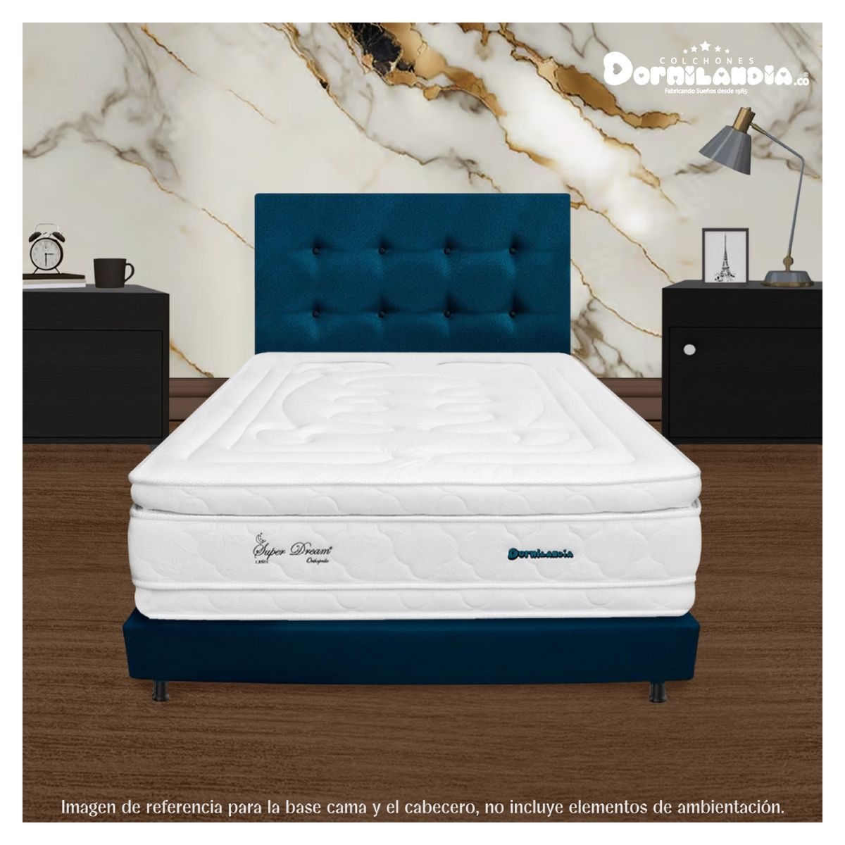 DORMILANDIA - Combo Cabecero y Base Cama Entera Azul Sencillo 100x190 Dormilandia