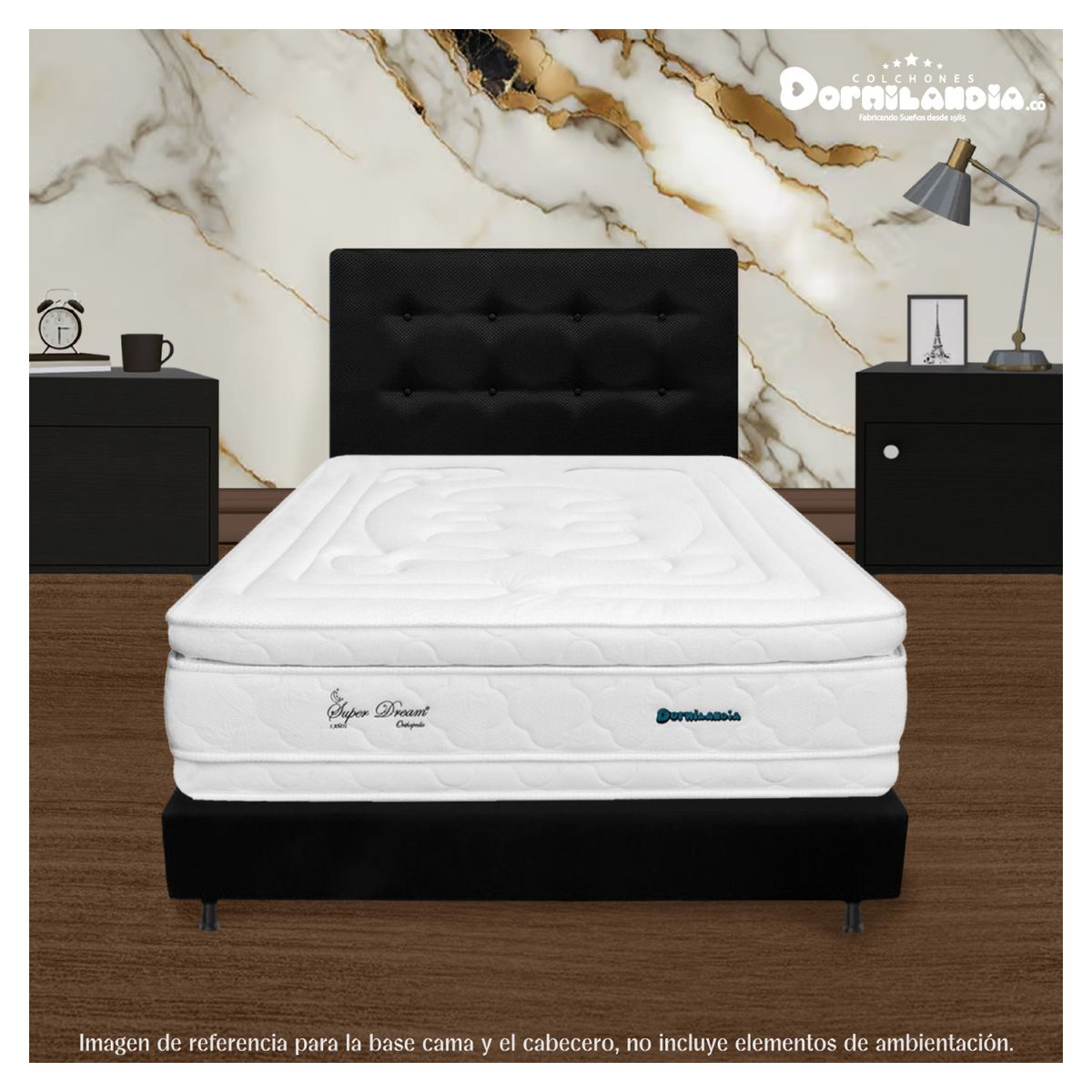 DORMILANDIA - Combo Cabecero y Base Cama Entera Negra Sencillo 100x190 Dormilandia