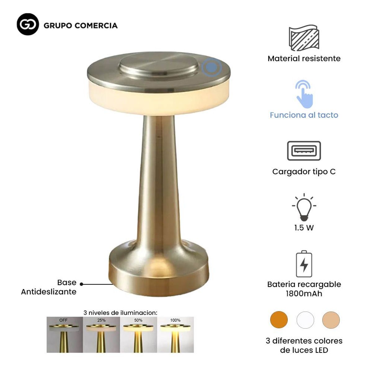XIONG CHENG - Lámpara De Mesa Led Recargable Táctil Graduable 3 Tonos