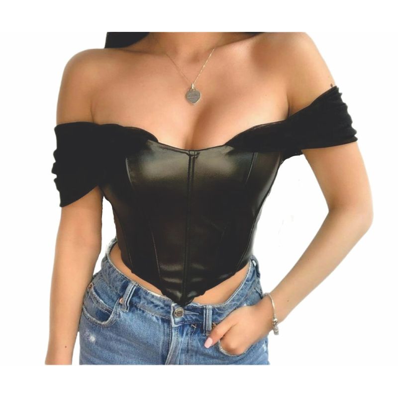 BAPU - Crop top corset en cuerina tiras caídas varillas laterales