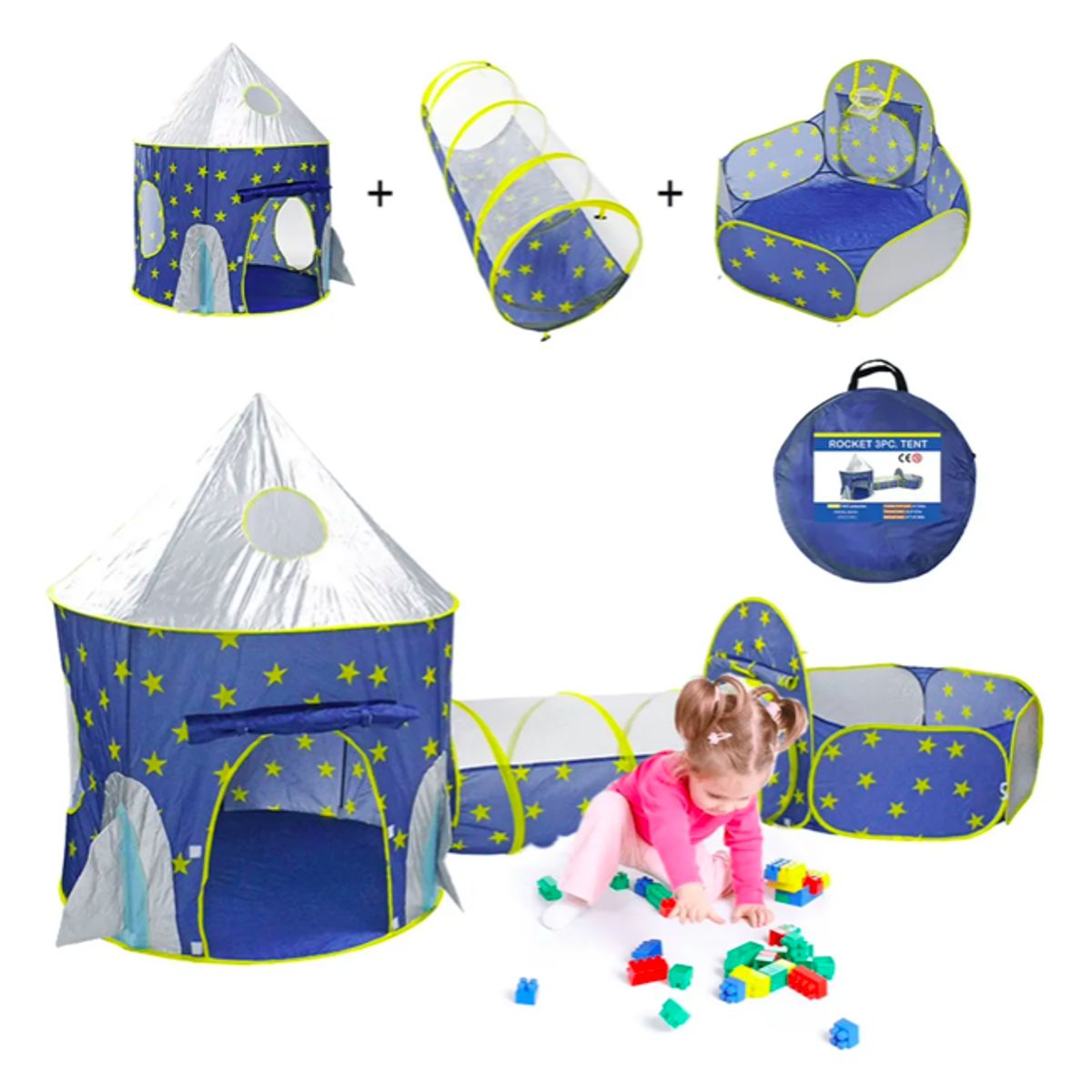 STALION - Carpa Castillo Espacial 3 en 1 con túnel y zona de juegos Azul
