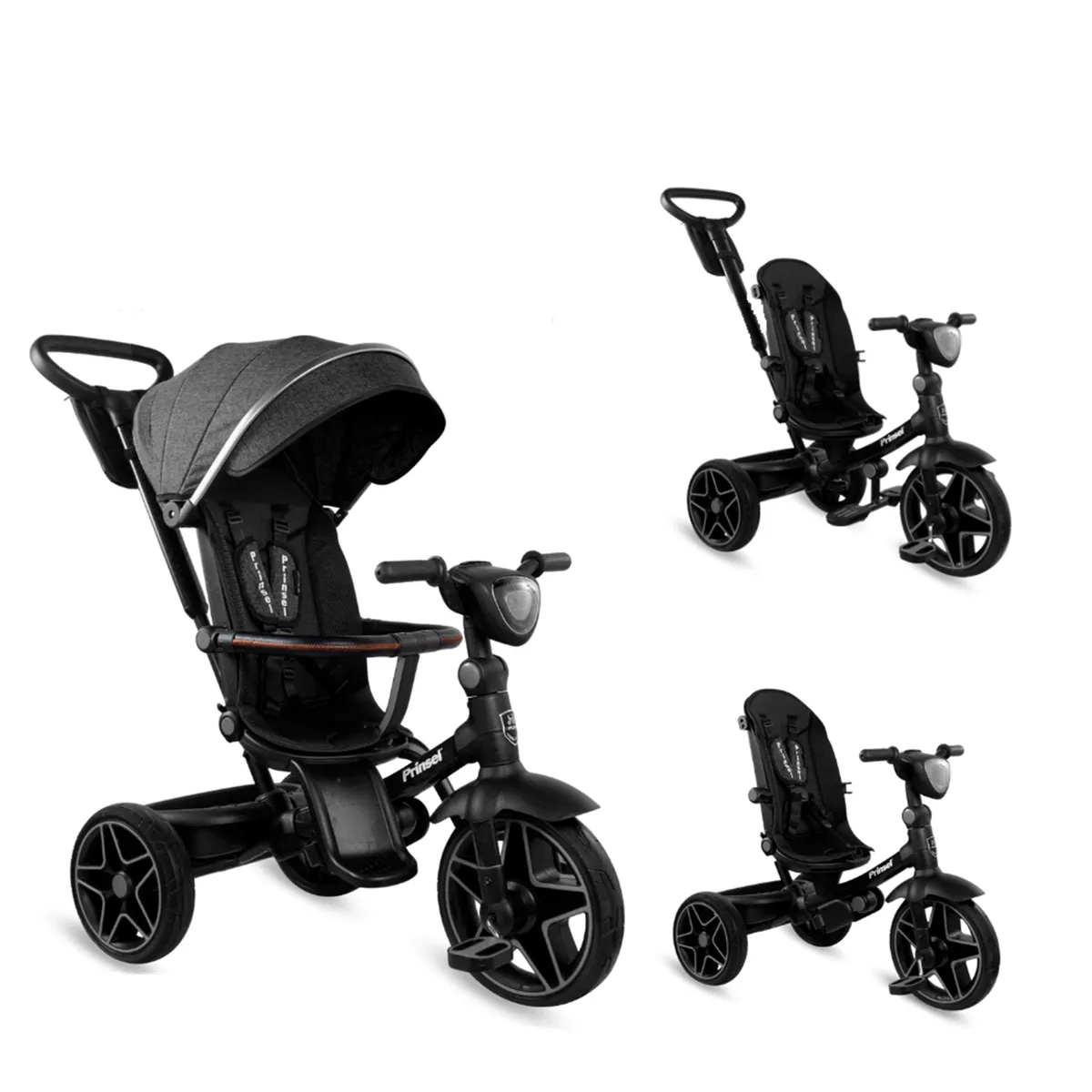 PRINSEL - Triciclo Paseador niños Reclinable Gira360 Negro Bluetooth
