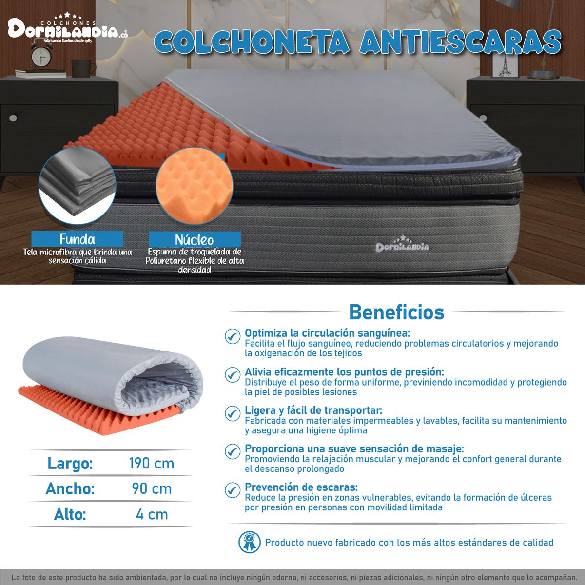 DORMILANDIA - Colchoneta antiescaras gris sencilla 90x190 cm dormilandia