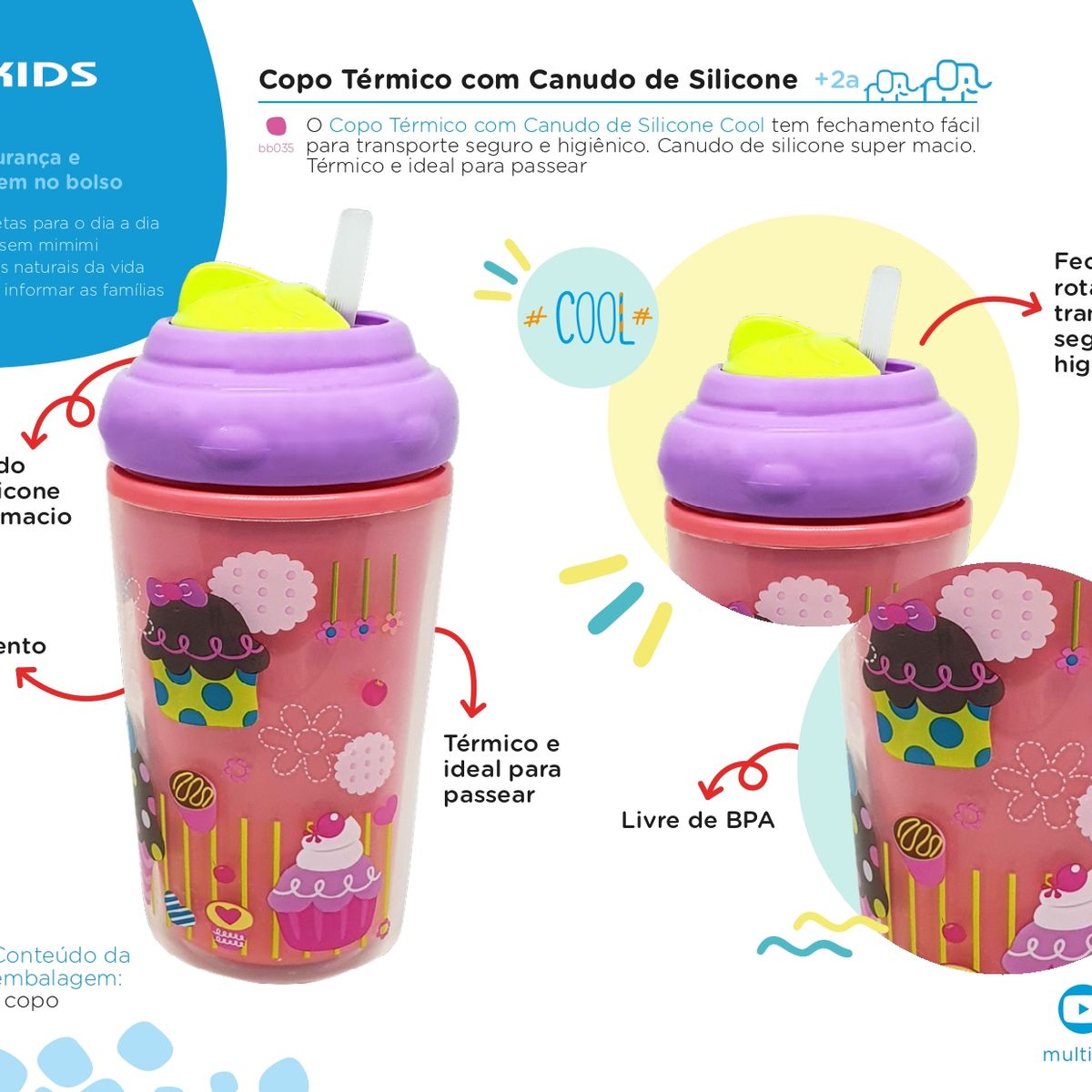 MULTILASER - VASO TERMICO CON PITILLO DE SILICONA  COOL ROSA