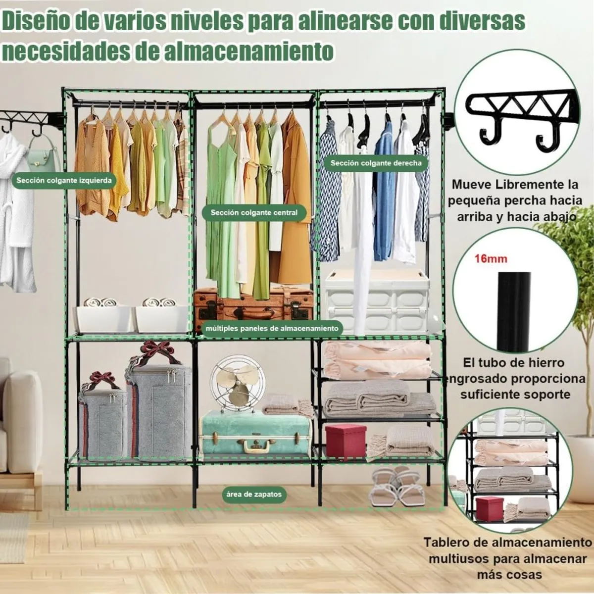 GENERICO - Estante Para Ropa Organizador Zapatero Y Perchero 3 Niveles