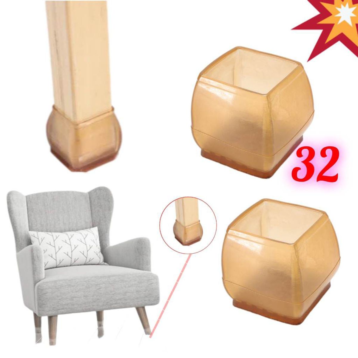 GENERICO - Protectores en silicona forros patas sillas o mueble cuadrada Set x32