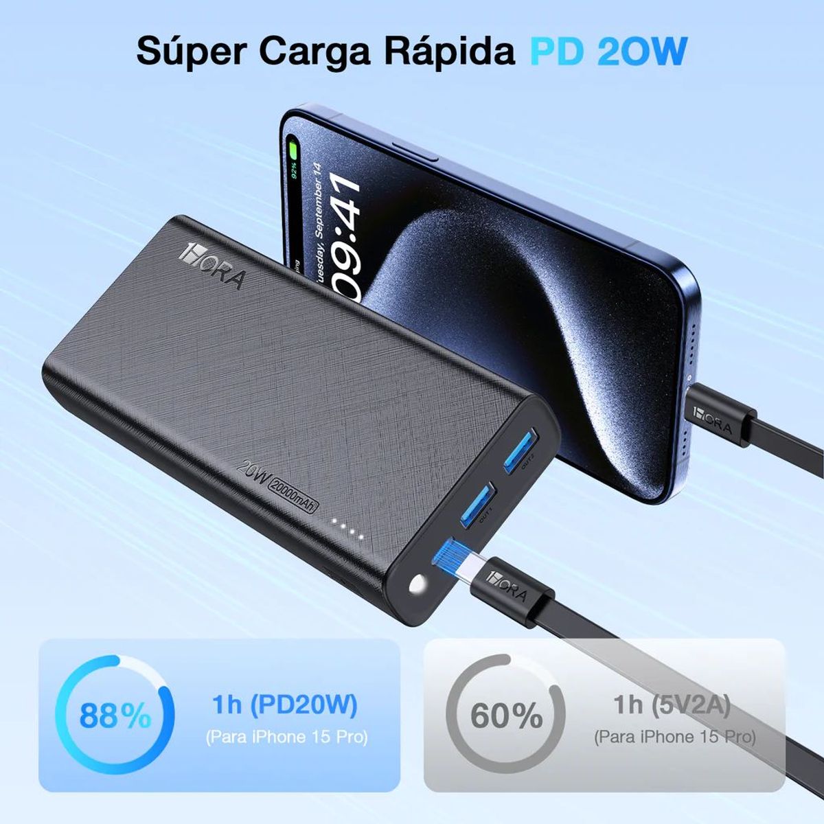 1HORA - Power Bank GAR158 Batería Portátil  De 20000mah Carga Rapida