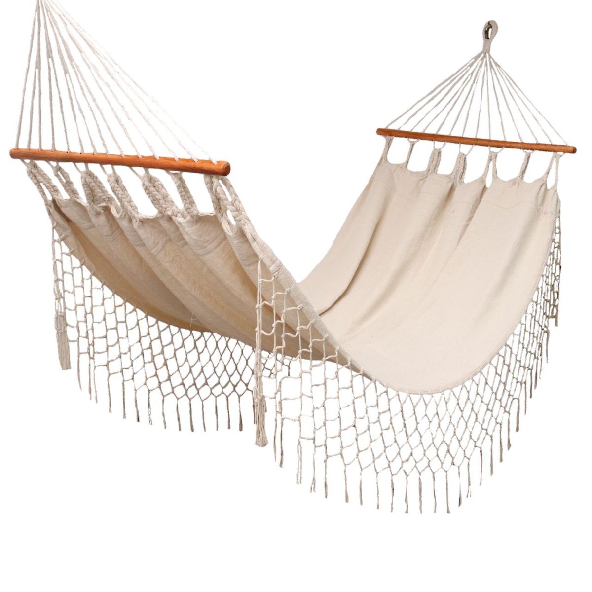 GENERICO - Hamaca en algodón con flecos y soporte en madera natural