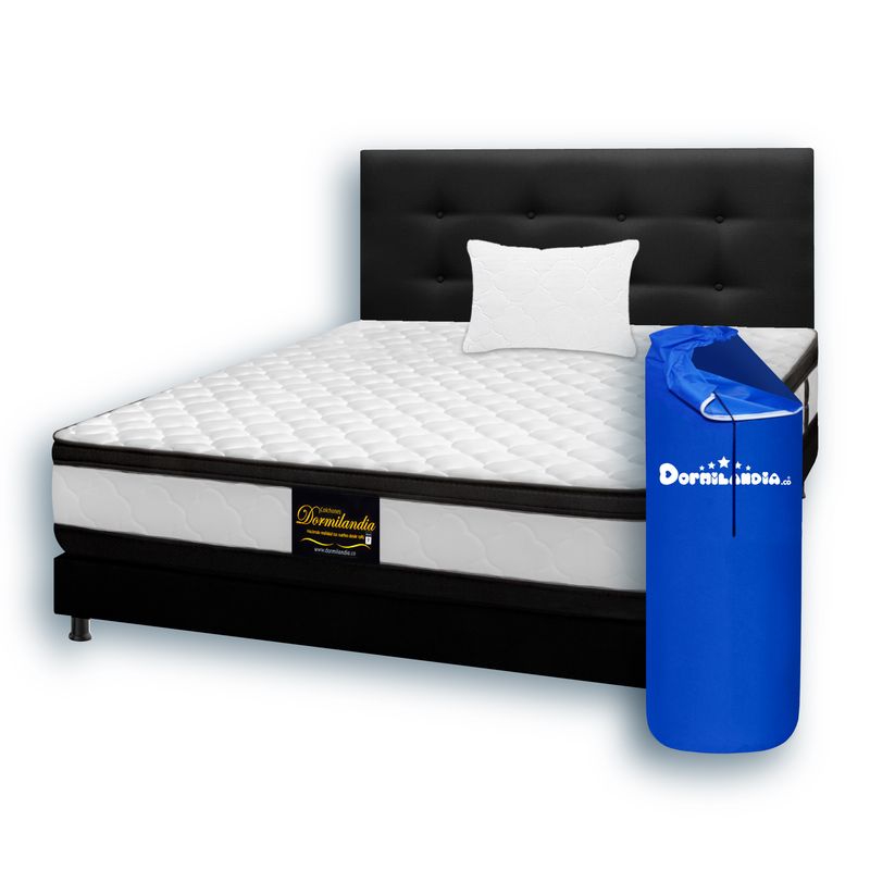 DORMILANDIA - Colchón Sencillo Resortado Atenas Enrollado + Base Cama + Cabecero + Almohadas