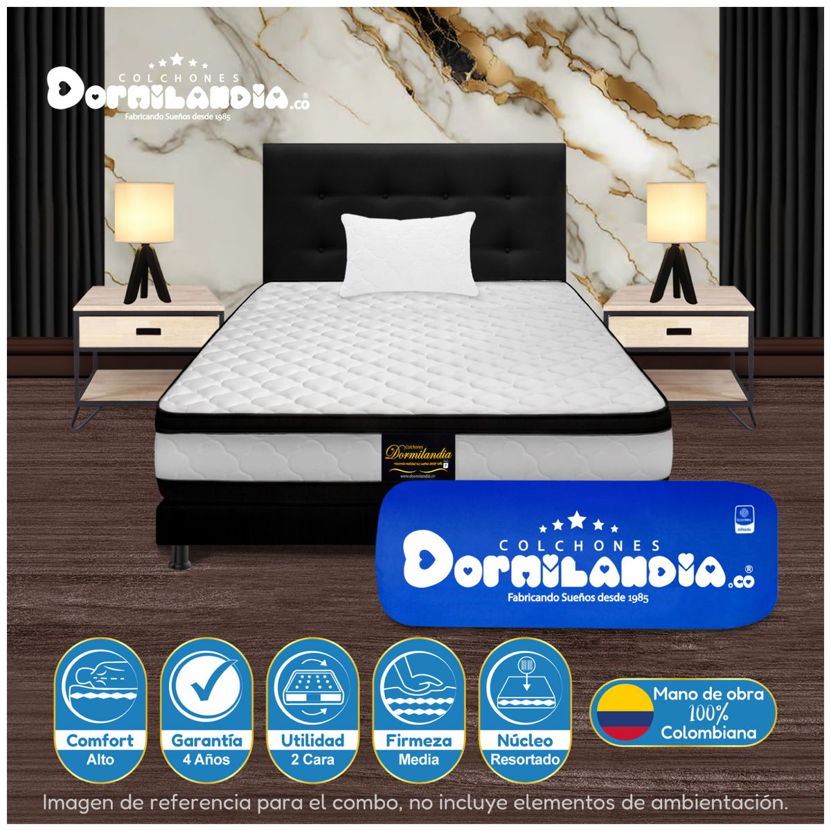 DORMILANDIA - Colchón Sencillo Resortado Atenas Enrollado + Base Cama + Cabecero + Almohadas